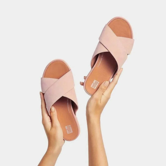 New! FitFlop Gracie Suede Cross Slides Beige Size 10 - Picture 1 of 6